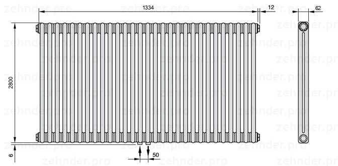 Схема (чертеж) Радиатор Zehnder Charleston 2280/29 №3470 Белый глянцевый RAL 9016